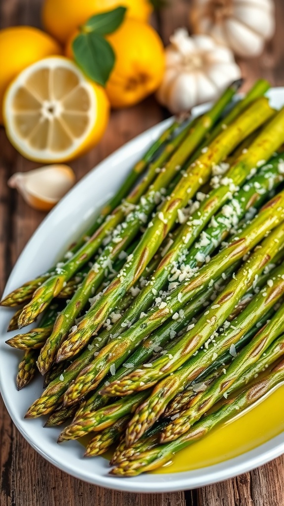 A plate of garlic roasted asparagus sprinkled with Parmesan cheese on a rustic table, surrounded by lemons and garlic.